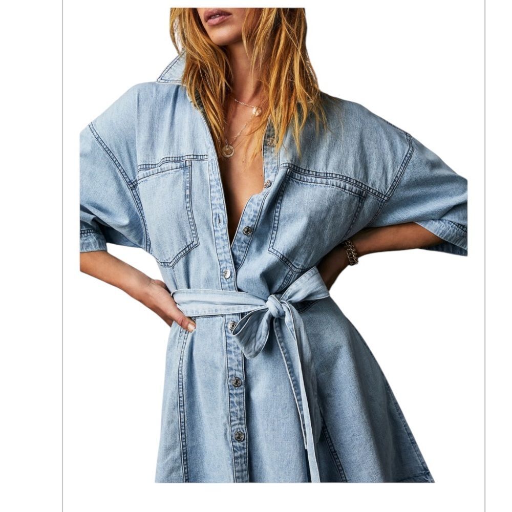 FREE PEOPLE Cotton Jenny‎ Denim Tie-Waist Tunic, Size XSMALL - Picture 3 of 15